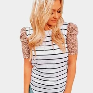 LEOPARD Sleeves & B/W Stripes Tee Chic & Casual